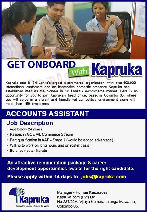 Search and apply now 26750 account assistant jobs on mnc jobs gulf, middle east's no.1 mnc job portal. Job Vacancy in Srilanka - Accounts Assistant - Kapruka.com ...