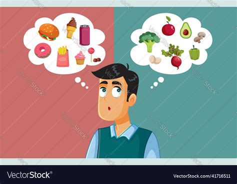 Man Choosing Between Fast Food And Healthy Eating Vector Image