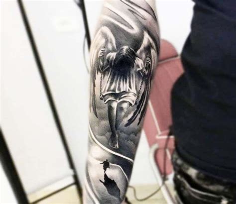 Amazing Black And Grey Realistic Tattoo Works Of Angel On A Swing Motive Done By Tattoo Artist