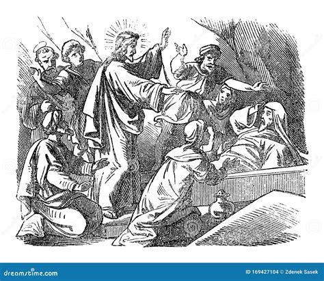 Vintage Drawing Of Biblical Story Of Jesus Raises Lazarus From The