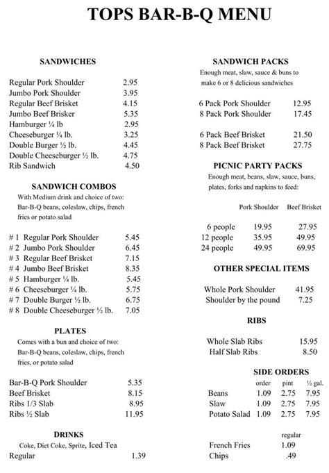 Use your memphis city saver coupons to receive 2 offers for 1 free bbq sandwich when a 2nd is purchased (up to $4.15 value), or 2 offers for 50% off 1 plate, combo or sandwich when a 2nd is purchased. Tops Bar-B-Q Menu, Menu for Tops Bar-B-Q, Hickory Ridge ...
