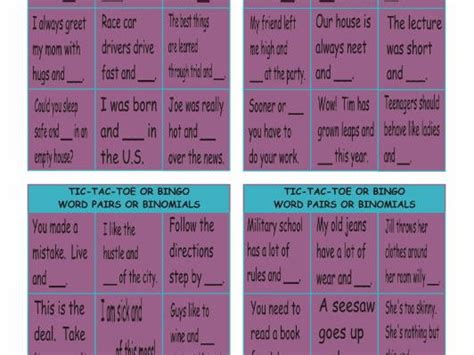 Word Pairs Or Binomials Tic Tac Toe Or Bingo Teaching Resources