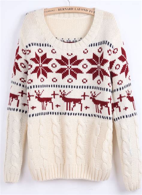 Beige Long Sleeve Snowflake Deer Pattern Sweater Sheinsheinside