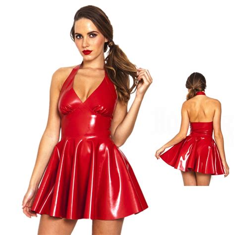 red black wet look faux leather mini dress pvc latex dress halter sleeveless clubwear party