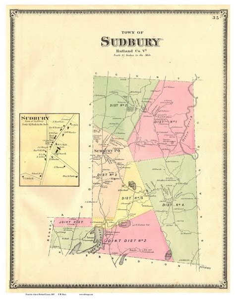 Sudbury Town And Village Vermont 1869 Old Town Map Reprint Rutland