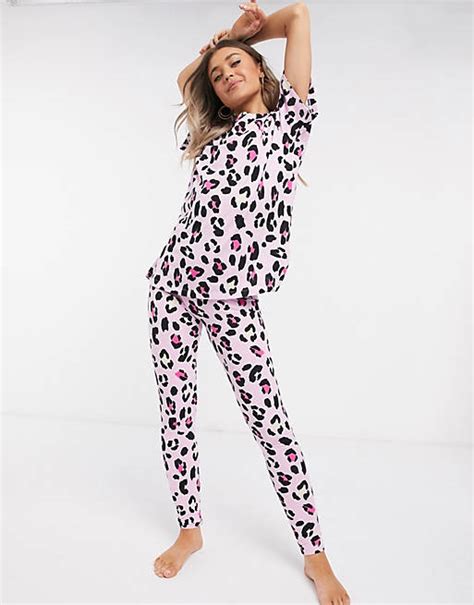 Asos Design Tee And Legging Pyjama Set In Pink Leopard Print Asos