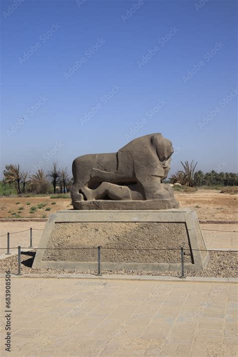 Lion Of Babylon In Iraq 2600 Years Ago With Blue Sky Stock Photo