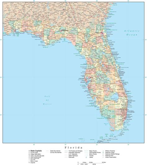 Florida State Map In Adobe Illustrator Vector Format Detailed