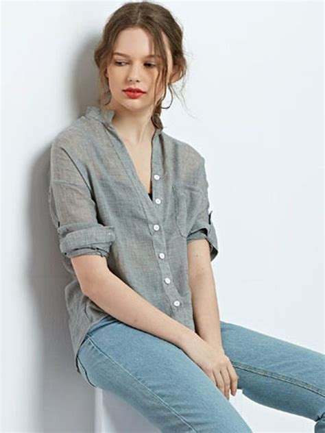 Gray，stand Collar，pocket，button，roll Up Sleeve，shirt，blouse，top，basic