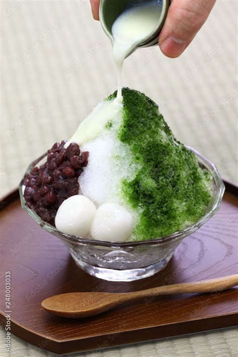 ujikintoki kakigori japanese shaved ice with matcha green tea syrup and azuki red beans jam