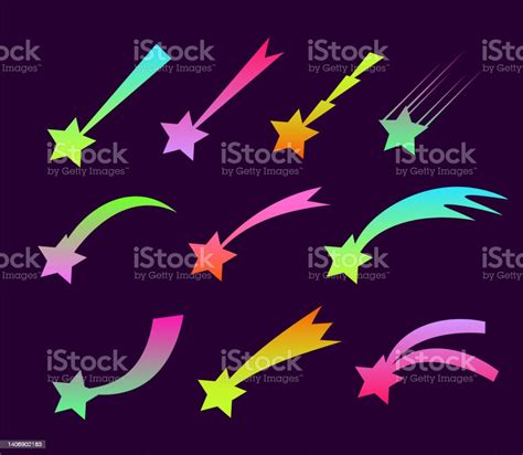 Set Of Neon Space Falling Down Comets And Stars Vector Illustration