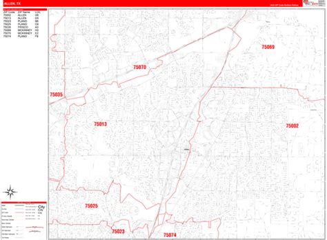 Allen Texas Zip Code Wall Map Red Line Style By Marketmaps