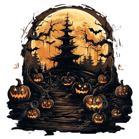 Halloween Dark Illustration With Scary Tree And Evil Pumpkins Graveyard