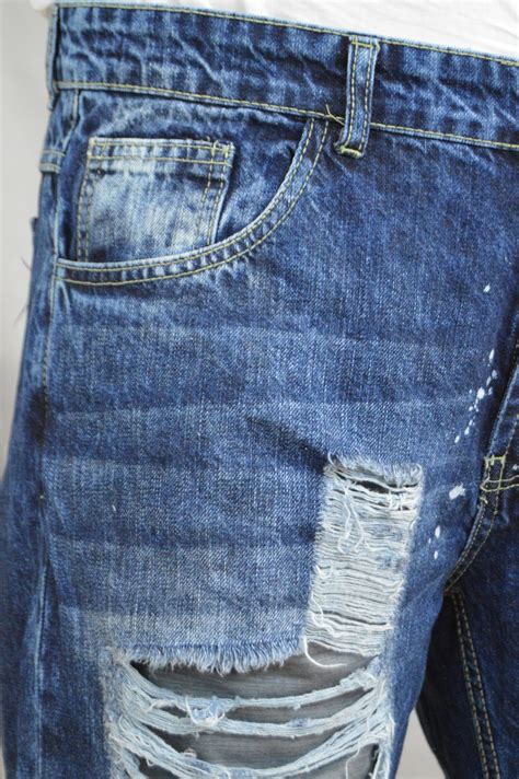 Men S Indigo Ripped Jeans Biker Summer Denim Shorts Hole Pants Casual