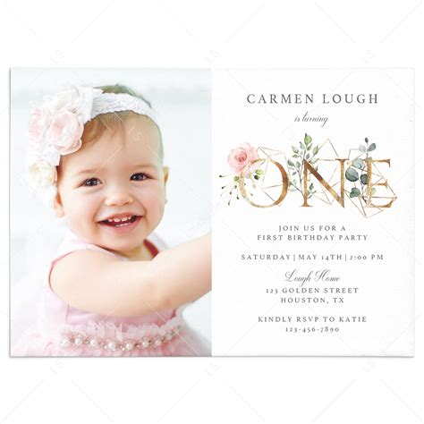 Girl Floral One First Birthday Invitation Editable Template With