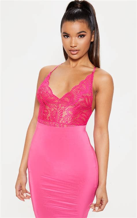 Bright Pink Lace Cross Back Bodysuit Tops Prettylittlething