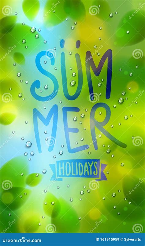Summer Word Drawn On A Window Fresh Green Leaves And Water Rain Drops