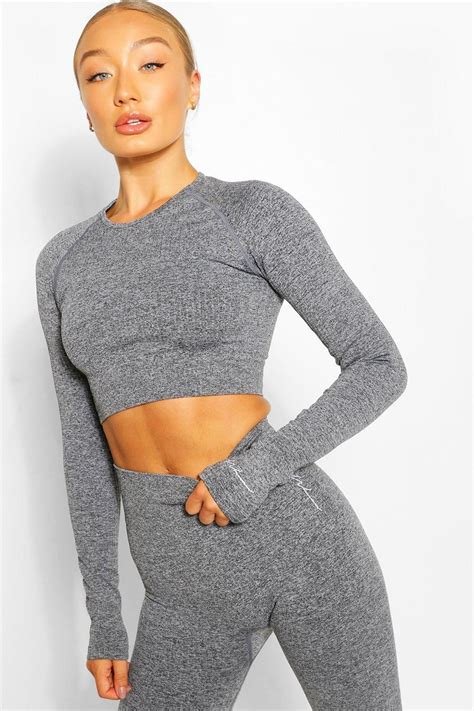Rib Seamless Long Sleeve Gym Top Womens Workout Outfits Workout Tops