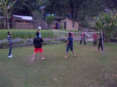 Several People Are Playing Volleyball In The Yard
