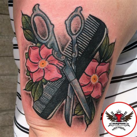 Scissors Comb And Rose Ink Done By Tattooed By Col Cooper Using