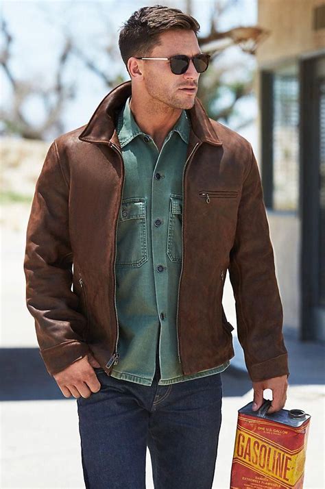 Fall Casual Fashion Inspiration Brown Leather Jacket Green Button Up