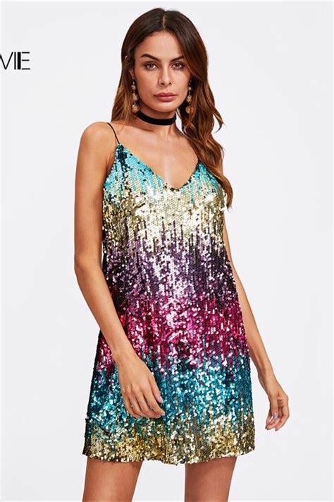 colorful sequin party club dress women sexy a line mini summer cami dresses fashion sleeveless v