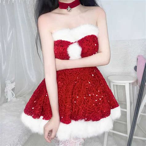 2022 Christmas Sexy Pink Red Sequins Lingerie Dress Bunny Girl Off