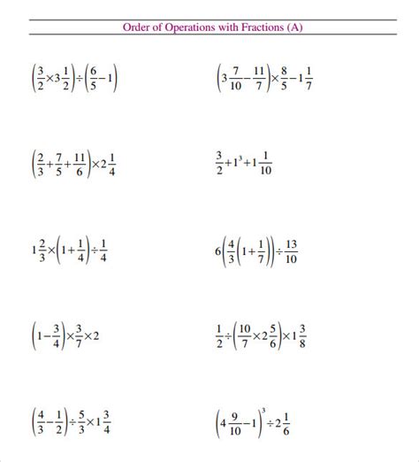 Order Of Operations Worksheet With Fraction Line No Negative Numbers