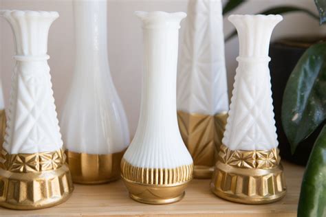 9 Gold Dipped Vases Vintage Geometric White Milk Glass Vases Mid