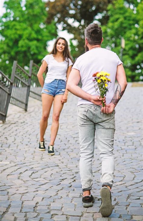 Guy Prepared Surprise Bouquet For Girlfriend Gentlemans Manners Stock