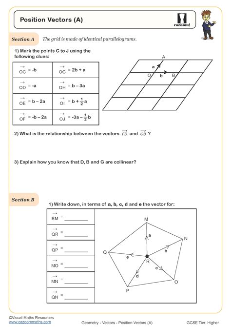 Position Vectors A Worksheet Cazoom Maths Worksheets