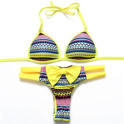 Cute Yellow Print Bikini Set Bow Knot Lace Up Swimsuit Bikinis