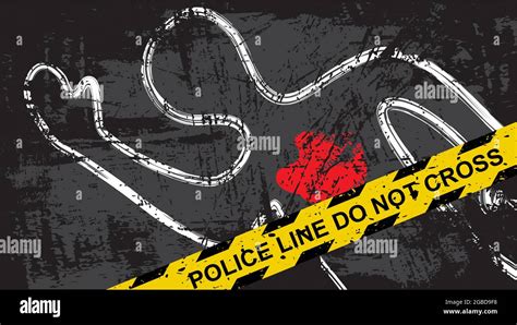 Crime Scene Background With Police Yellow Tape And Dead Body With Blood