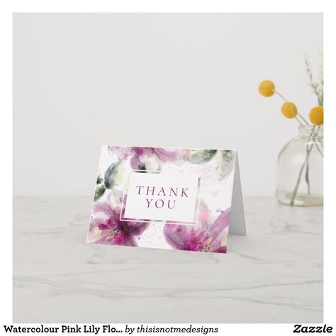 Watercolour Pink Lily Floral Thank You Card Pink Lily