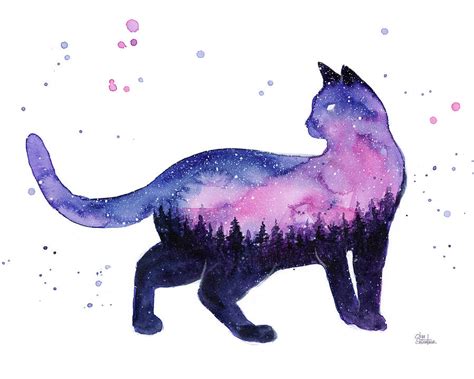 Galaxy Forest Cat Painting by Olga Shvartsur