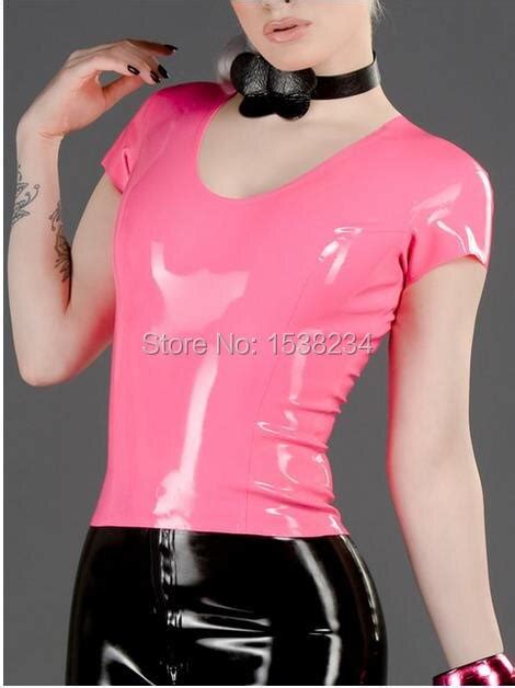 Latex Pink Shirt With Back Zipped Latex Rubber Short Tops Sexy Women