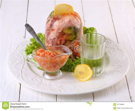 Aspic With Horseradish And Vodka With Lemon Traditional Russian Dish