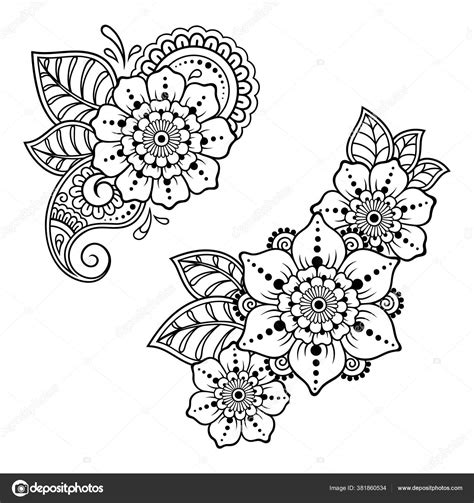 Set Mehndi Flower Pattern Henna Drawing Tattoo Decoration Ethnic