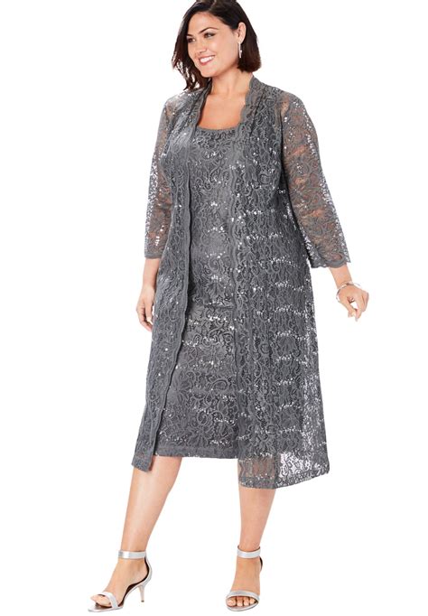 Dresses Roamans Womens Plus Size Lace And Sequin Jacket Dress Set Formal