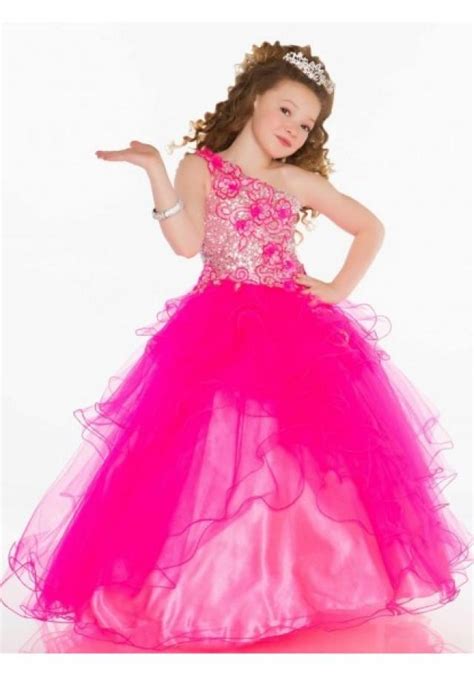One Shoulder Sweep Train Tulle Red Ball Gown Girls Pageant Dress