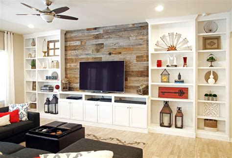 White Entertainment Center With Shiplap Backing Living Room