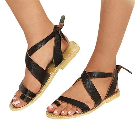 Women Artificial Leather Lace Up Flat Sandals Noracora
