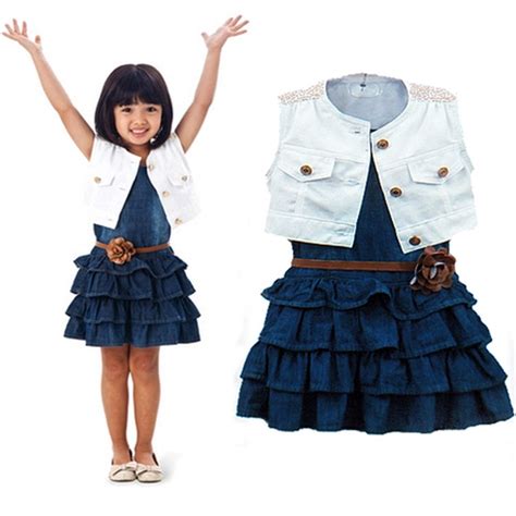 Retail New Arrive Children Nice Girls Denim Vest Dress Two Pcs Set