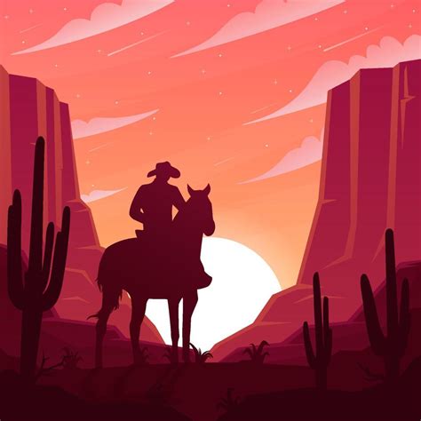 Wild West Cowboy In Desert With Sunset Background 7955408 Vector Art At