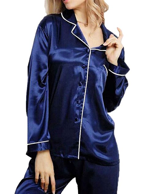 womens girls silk satin pajamas long sleeve loose sleepwear nightwear deep blue