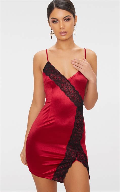 Dark Red Stretch Satin Lace Detail Strappy Bodycon Dress