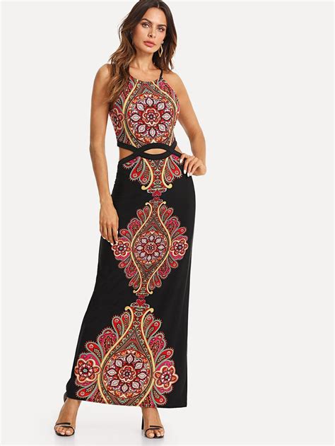 Ornate Print Cutout Midriff Cami Dress | Maxi dress, Boho maxi dress ...