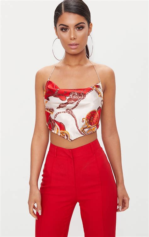 Red Rope Print Satin Crop Top Tops Prettylittlething