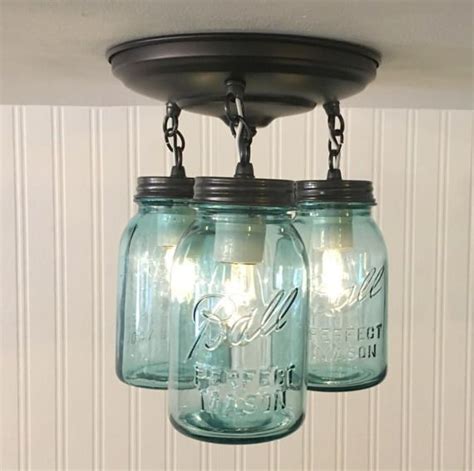 Blue Mason Jar Ceiling Lighting Fixture Vintage Ball Trio Rustic