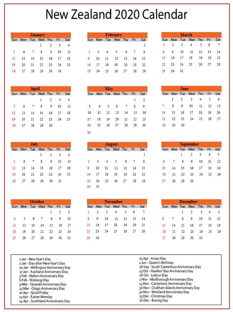 Nz Calendar 2020 Printable Template Calendar